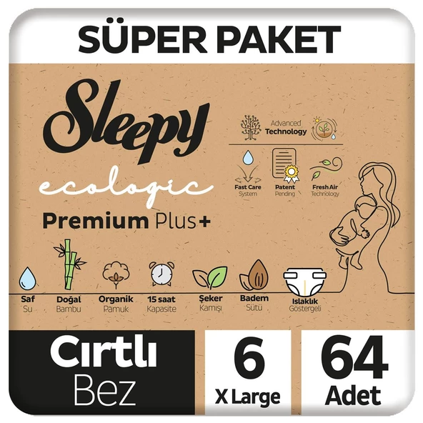 Sleepy Ecologic Premium Plus Süper Paket Bebek Bezi 6 Numara Xlarge 64 Adet