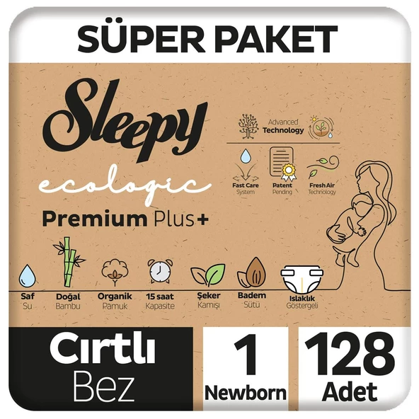 Sleepy Ecologic Premium Plus Süper Paket Bebek Bezi 1 Numara Yenidoğan 128 Adet