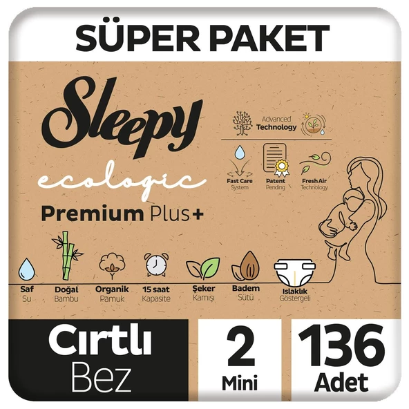 Sleepy Ecologic Premium Plus Süper Paket Bebek Bezi 2 Numara Mini 136 Adet