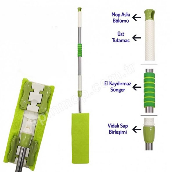 Piev Microfiber Sihirli Teleskopik Yer Duvar Cam Temizlik Mop Yedek Bezli Yeşil - 4