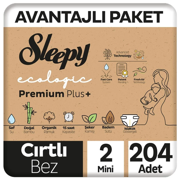 Sleepy Ecologic Premium Plus Avantajlı Paket Bebek Bezi 2 Numara Mini 204 Adet ürün görseli 1