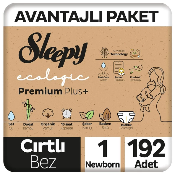 Sleepy Ecologic Premium Plus Avantajlı Paket Bebek Bezi 1 Numara Yenidoğan 192 Adet ürün görseli