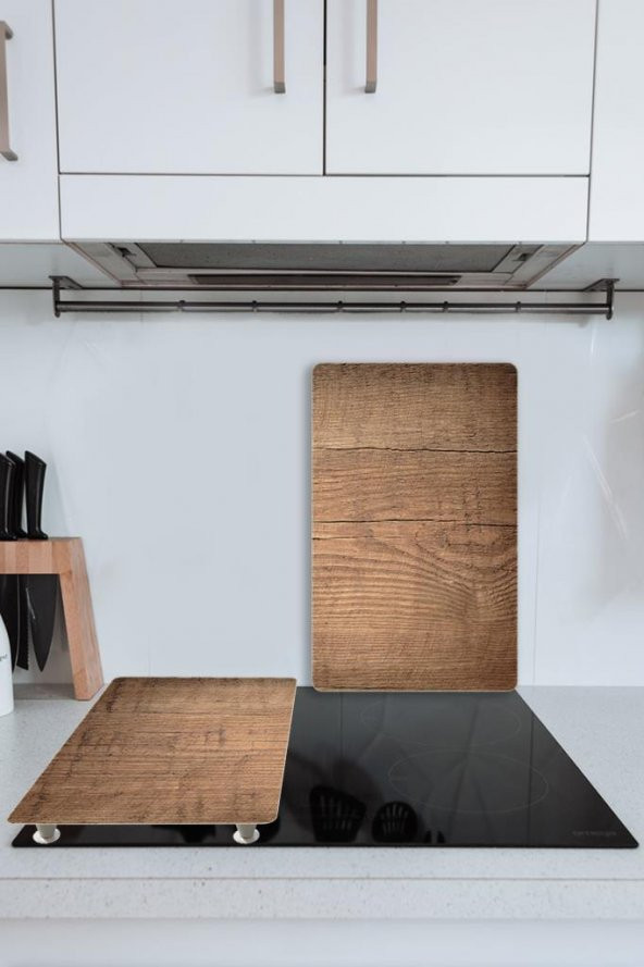 2 li 30x52 cm Koyu Ahşap Desenli Cam Kesim Tablası ve Ocak Koruyucu - Resim 3