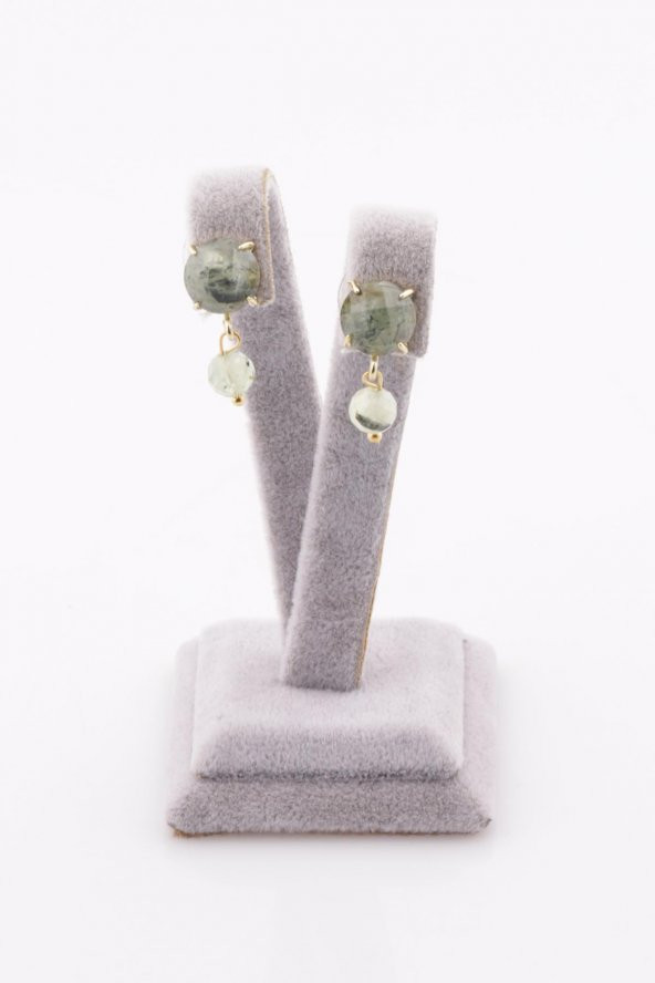 Prehnite Doğal Taş Gold Renkli Küpe - 2