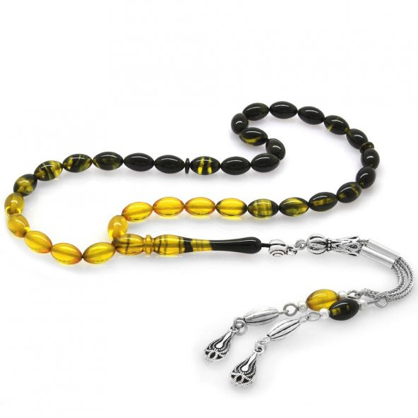 Nipora Kararmaz Metal Su Damlası Püsküllü Arpa Kesim Bilek Boy Süzme Sarı-Siyah Ateş Kehribar Tesbih ürün görseli