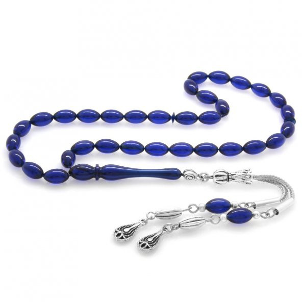 Nipora Kararmaz Metal Su Damlası Püsküllü Arpa Kesim Bilek Boy Lacivert Sıkma Kehribar Tesbih ürün görseli