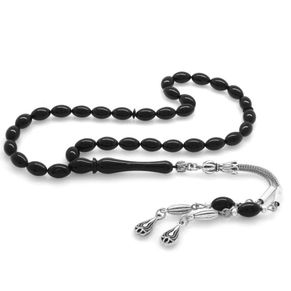 Nipora Kararmaz Metal Su Damlası Püsküllü Arpa Kesim Bilek Boy Siyah Sıkma Kehribar Tesbih ürün görseli