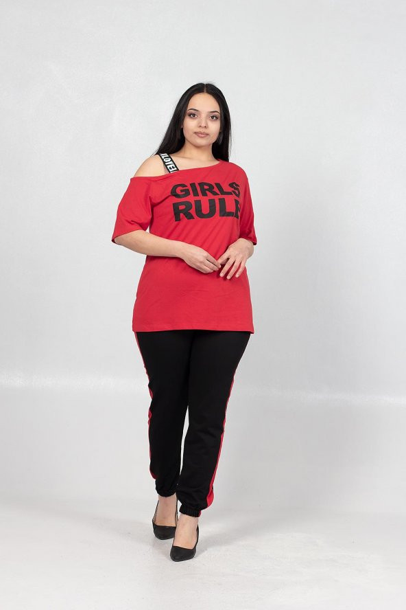 Truva Xxl Büyük Beden Kırmızı Siyah Kadın Giyim Tek Omuz Detay Eşofman Takım Renkli EST002