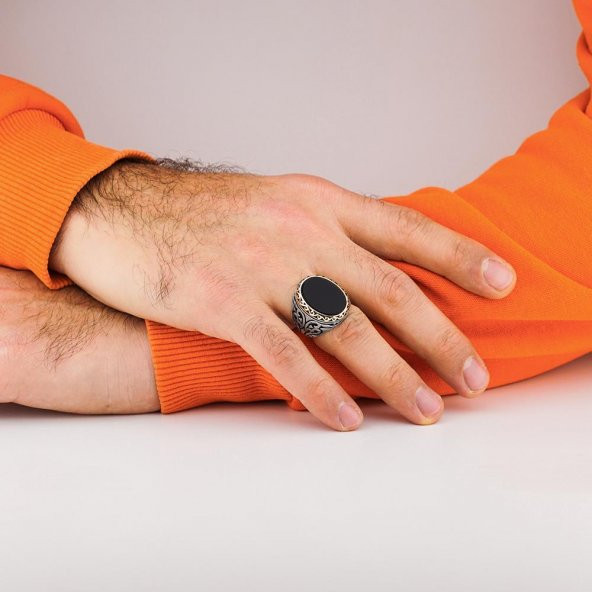 Siyah Düz Oniks Taşlı 925 Ayar Gümüş Yüzük - Resim 2