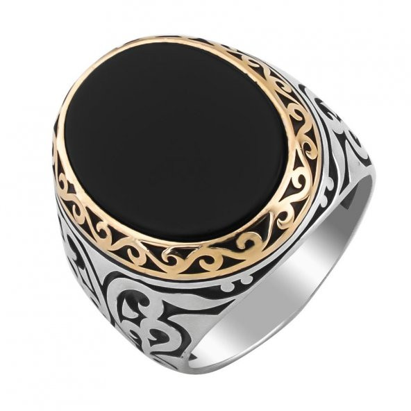 Siyah Düz Oniks Taşlı 925 Ayar Gümüş Yüzük - Resim 3