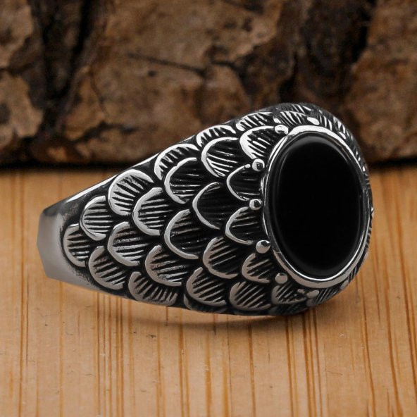 Siyah Oniks Taşlı Desenli 925 Ayar Gümüş Yüzük ürün görseli