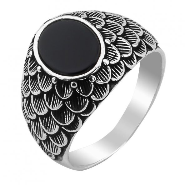 Siyah Oniks Taşlı Desenli 925 Ayar Gümüş Yüzük - Resim 3