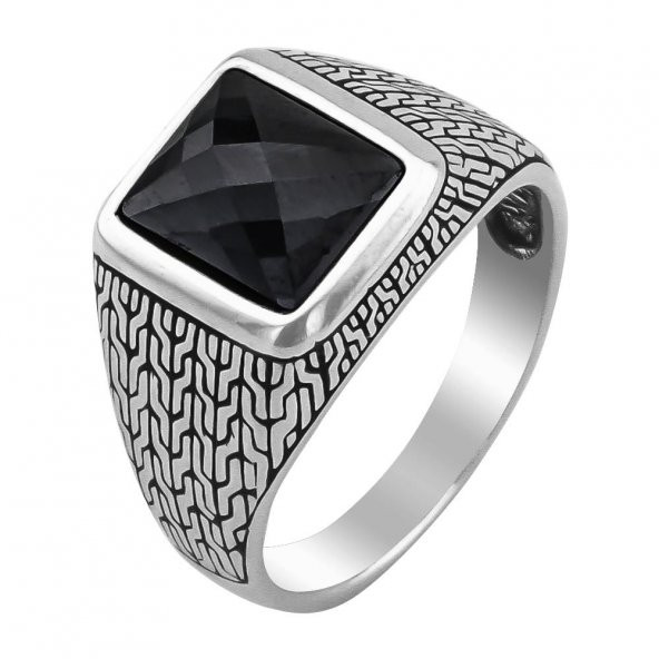 Siyah Zirkon Taşlı Piramit Desenli 925 Ayar Gümüş Yüzük - Resim 3
