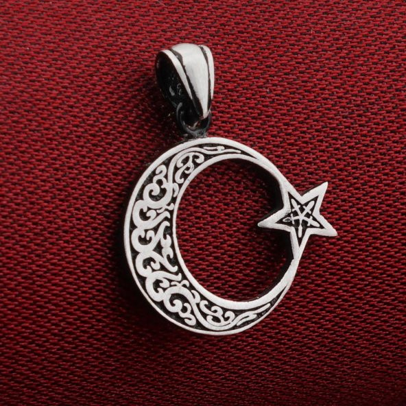 Ay Yıldız Tasarımlı Desenli 925 Ayar Gümüş Kolye Ucu - Resim 2