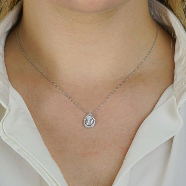 Damla Tasarımlı Beyaz Zirkon Taşlı 925 Ayar Gümüş Kadın Kolye - Resim 2