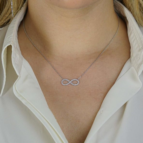 Sonsuzluk Tasarımlı Beyaz Zirkon Taşlı 925 Ayar Gümüş Kadın Kolye - Resim 2