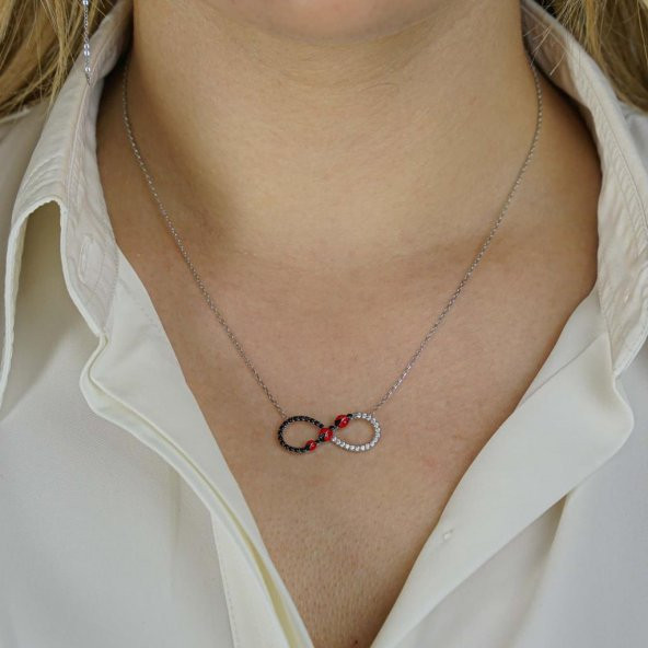 Uğur Böceği Motifli Sonsuzluk Tasarımlı 925 Ayar Gümüş Kadın Kolye - Resim 2