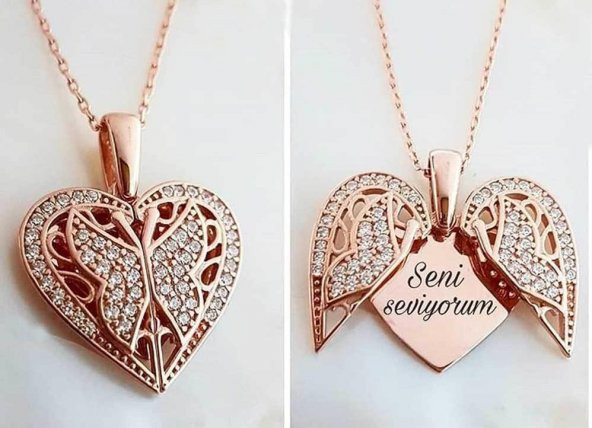 Kelebek Kalp Tasarımlı İsim Yazılabilir 925 Ayar Gümüş Kadın Kolye Rose - Resim 2