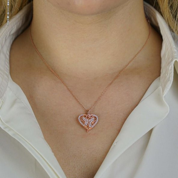 Kelebek Kalp Tasarımlı İsim Yazılabilir 925 Ayar Gümüş Kadın Kolye Rose - Resim 3