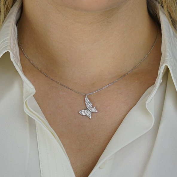 Kelebek Figürlü Beyaz Zirkon Taşlı 925 Ayar Gümüş Kadın Kolye - Resim 2