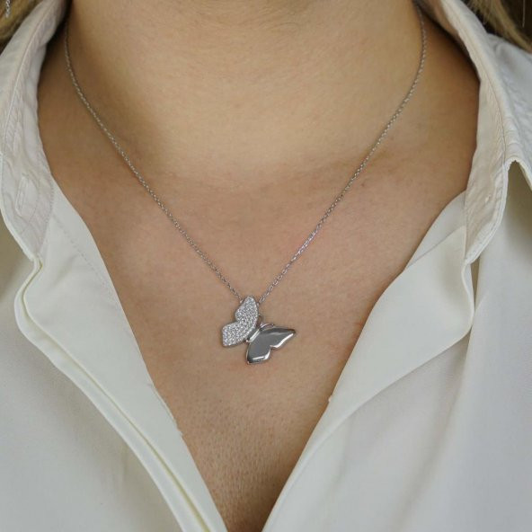 Kelebek Tasarımlı Beyaz Zirkon Taşlı 925 Ayar Gümüş Kadın Kolye - Resim 2