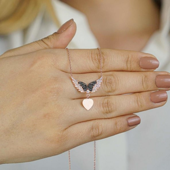 Melek Kanadı Tasarımlı Kalp Detaylı 925 Ayar Gümüş Kadın Kolye ürün görseli 1