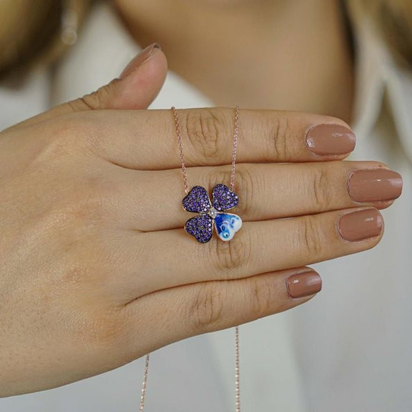 Dört Yapraklı Yonca Tasarımlı 925 Ayar Gümüş Kadın Kolye Rose ürün görseli 1