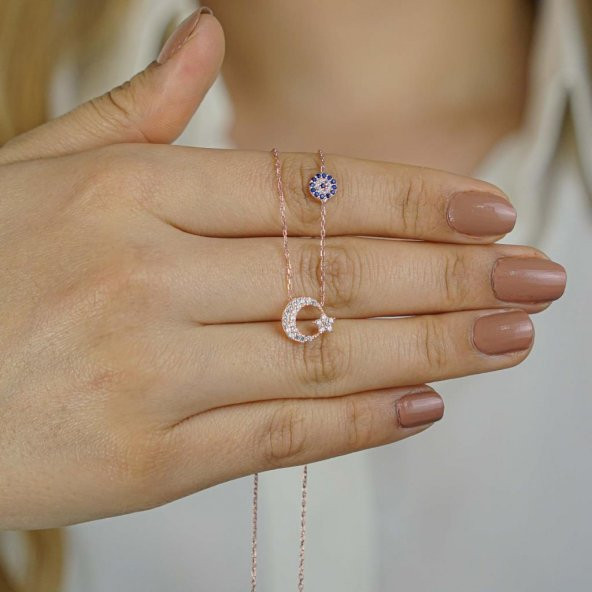 Minimal Ay Yıldız Nazar Tasarımlı 925 Ayar Gümüş Kadın Kolye Rose ürün görseli 1