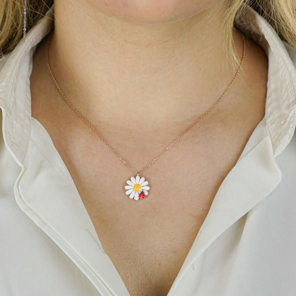 Papatya Tasarımlı Uğur Böceği Motifli 925 Ayar Gümüş Kadın Kolye - Resim 2