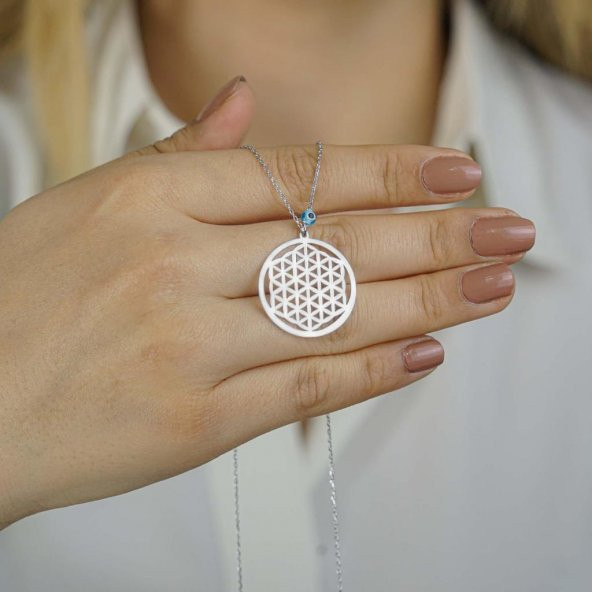 Yaşam Çiçeği Nazar Tasarımlı 925 Ayar Gümüş Kolye ürün görseli 1