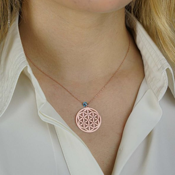 Yaşam Çiçeği ve Nazar Tasarımlı Rose 925 Ayar Gümüş Kadın Kolye - Resim 2