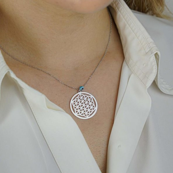 Yaşam Çiçeği Nazar Tasarımlı 925 Ayar Gümüş Kolye - Resim 2