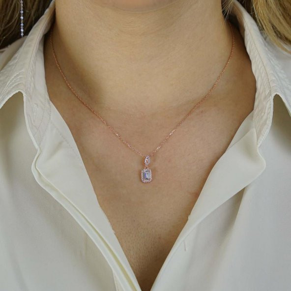 Baget Taşlı 925 Ayar Gümüş Kadın Kolye Rose - Resim 2