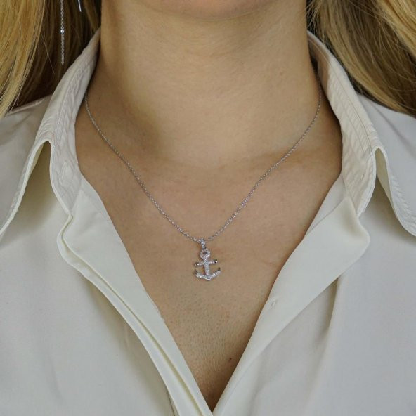 Çapa Tasarımlı Beyaz Zirkon Taşlı 925 Ayar Gümüş Kadın Kolye - Resim 2