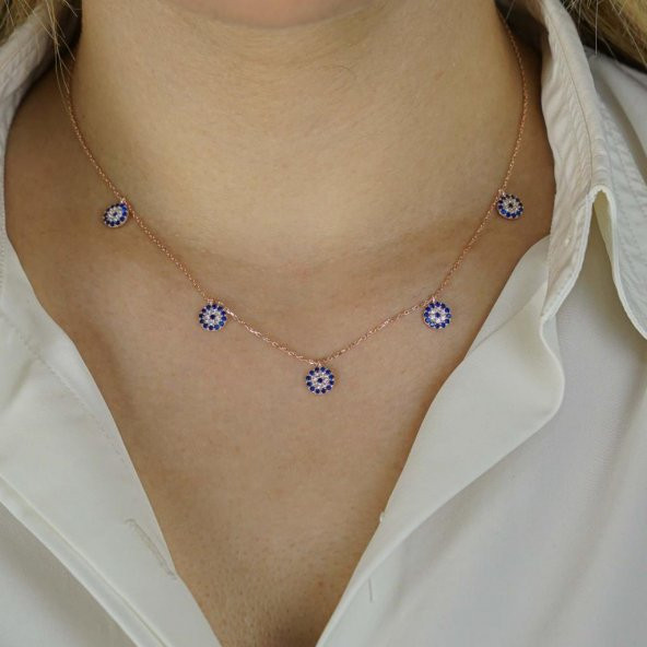 Nazar Boncuğu Tasarımlı 925 Ayar Gümüş Şans Kolyesi Rose - Resim 2