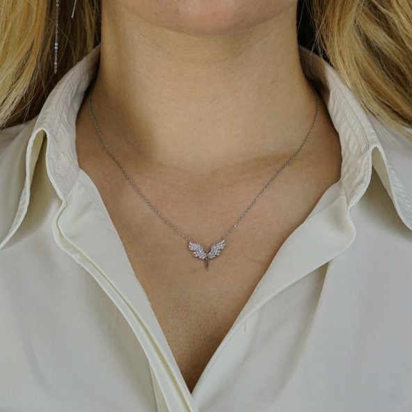 Melek Tasarımlı Beyaz Zirkon Taşlı 925 Ayar Gümüş Kadın Kolye - Resim 2