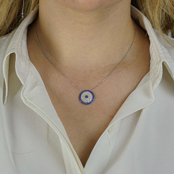 Nazar Boncuğu Tasarımlı 8 Sıra 925 Ayar Gümüş Kadın Kolye - Resim 2