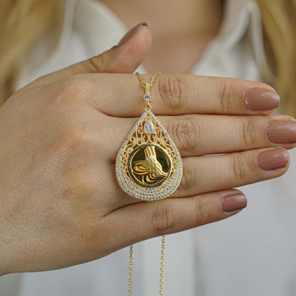 Altın Kaplama Tuğralı Damla Model 925 Ayar Gümüş Kadın Kolye 60 CM - Resim 2