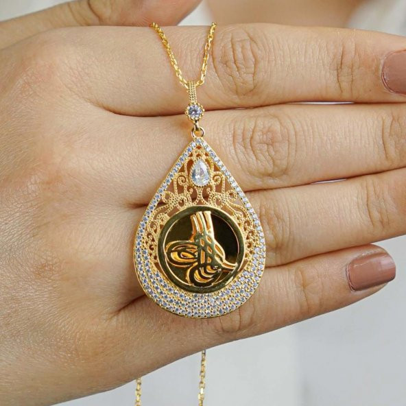 Damla Tasarımlı Tuğra Motifli Altın Kaplamalı 925 Ayar Gümüş Kadın Kolye 60 CM