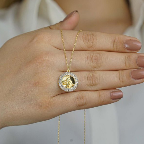 Yuvarlak Model Tuğra Motifli Altın Kaplamalı 925 Ayar Gümüş Kadın Kolye 45 CM ürün görseli