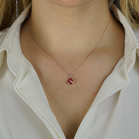 Damla Tasarımlı Kırmızı Zirkon Taşlı 925 Ayar Gümüş Kadın Kolye - Resim 2