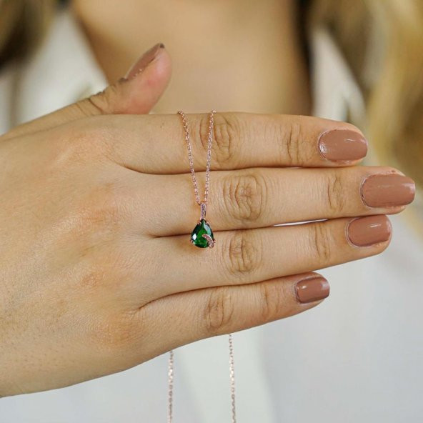 Damla Tasarımlı Zümrüt Yeşili Zirkon Taşlı 925 Ayar Gümüş Kadın Kolye Rose ürün görseli 1