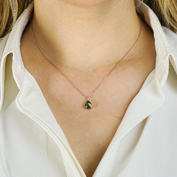 Damla Tasarımlı Zümrüt Yeşili Zirkon Taşlı 925 Ayar Gümüş Kadın Kolye Rose - Resim 2