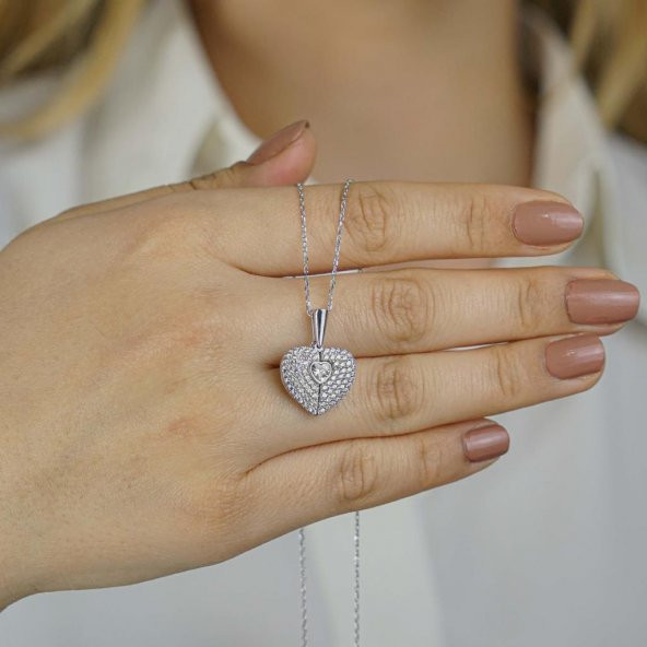 Kalp Tasarımlı İsim Harf Yazılabilir Açılıp Kapanabilir 925 Ayar Gümüş Kadın Kolye - Resim 3