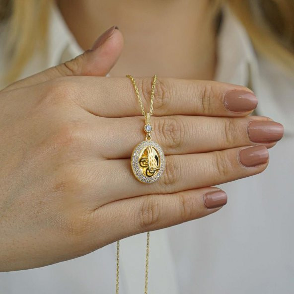 Oval Tasarımlı Tuğra Motifli Altın Kaplama 925 Ayar Gümüş Kadın Kolye ürün görseli