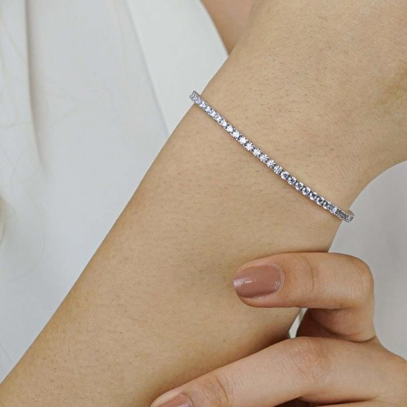 Yuvarlak Pırlanta Tasarımlı 925 Ayar Gümüş Su Yolu Kolye Bileklik Set 2 MM - 3