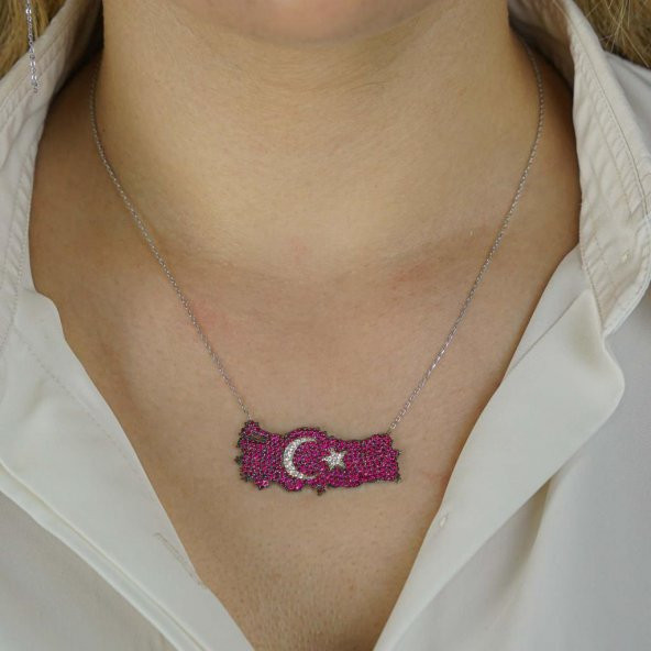 Şanlı Ay Yıldız Tasarımlı Türkiye Haritalı 925 Ayar Gümüş Kadın Kolye - Resim 2