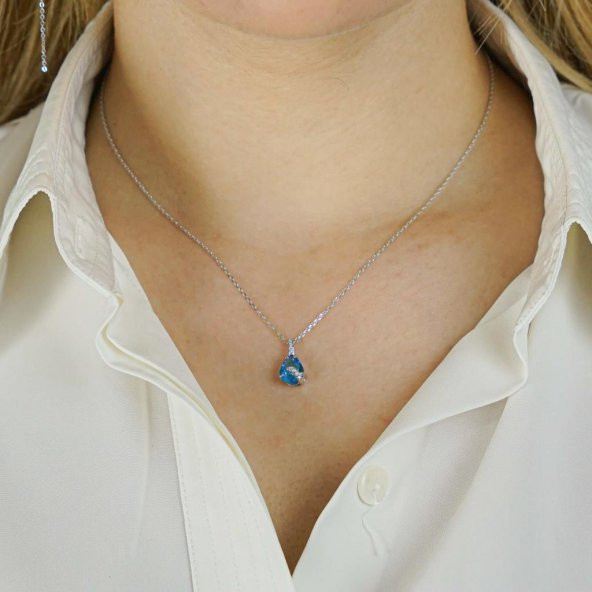 Damla Tasarımlı Mavi Zirkon Taşlı 925 Ayar Gümüş Kadın Kolye - Resim 2