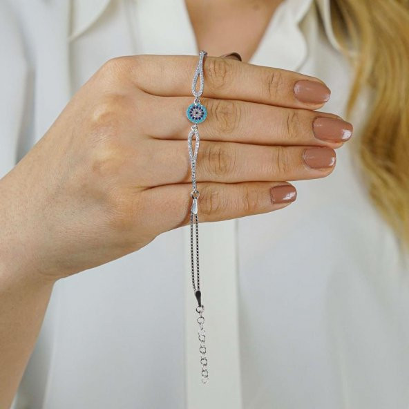 Minimal Nazar Tasarımlı 4 Sıralı Kelepçe Model 925 Ayar Gümüş Kadın Bileklik - Resim 2