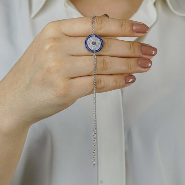 Nazar Tasarımlı 8 Sıralı 925 Ayar Gümüş Kadın Bileklik - Resim 2